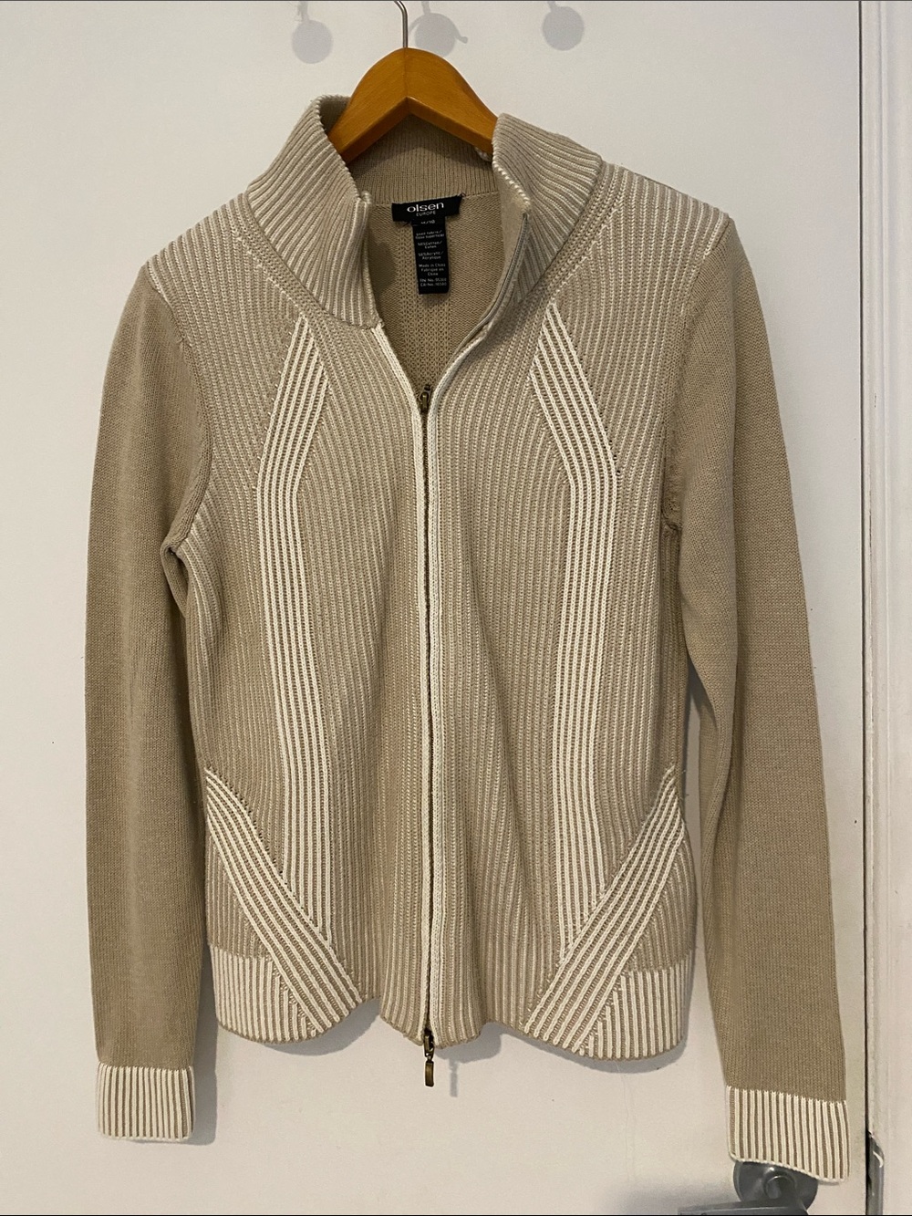 OLSEN EUROPE Tan/Beige Ribbed Zip-Front Knit long sleeved Cotton sweater Size 10